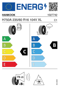 Etichetta europea HANKOOK H750A 235/60 R16 104V XL - C, B, 2, 72dB